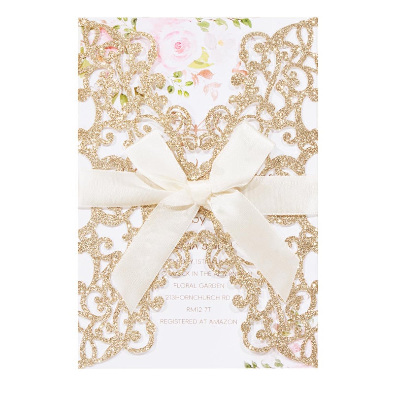 AdasBridal 50Pcs Glitter Floral Laser Cut Wedding Invitation Cards with Envelope Blank Inner Sheet and Ribbon for Wedding Engagement Bridal Shower Party Invite(7.09 X 4.92inch, Rose Gold) - Image 1